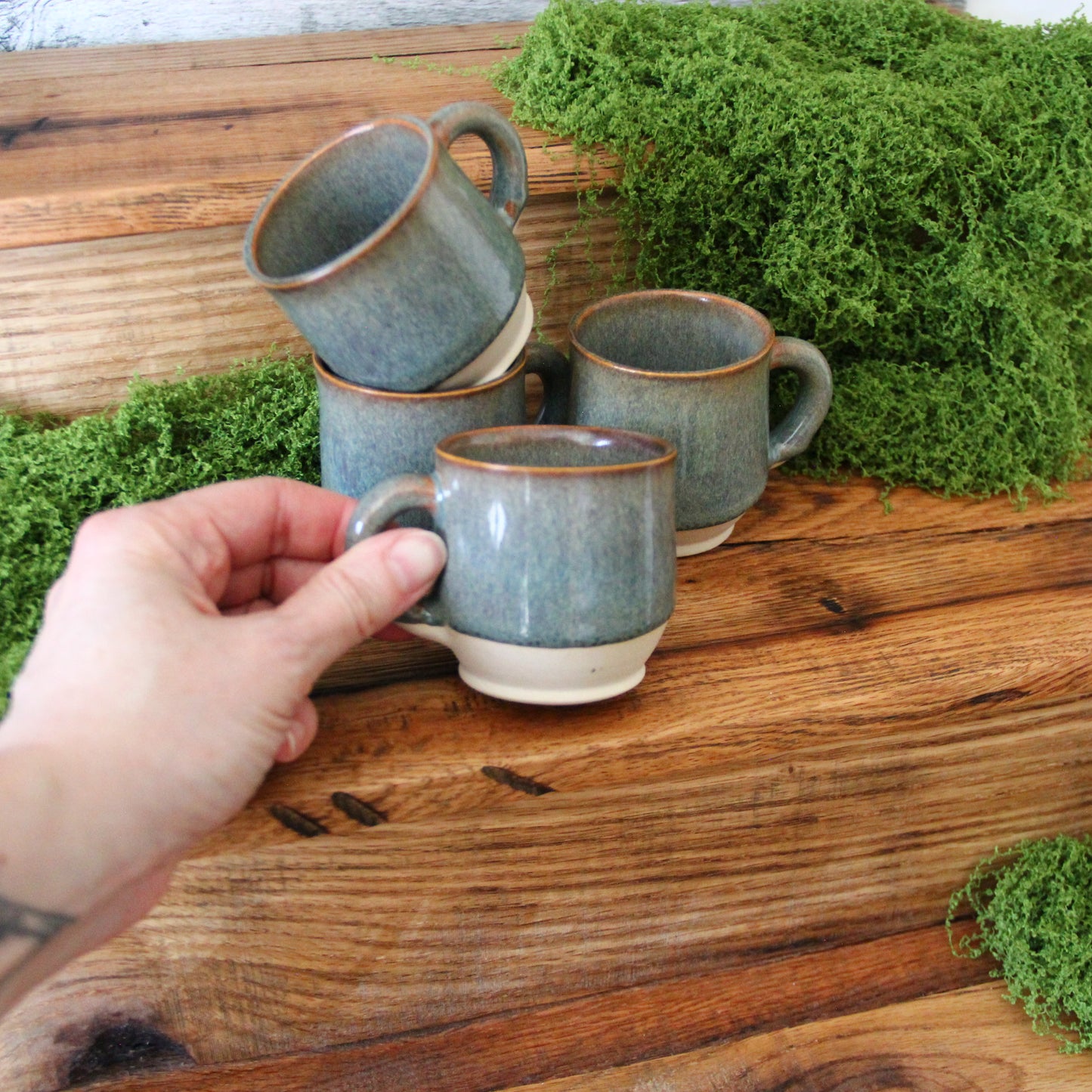 Tasse Espresso   - Bleu vert cuivré sur argile unie sable