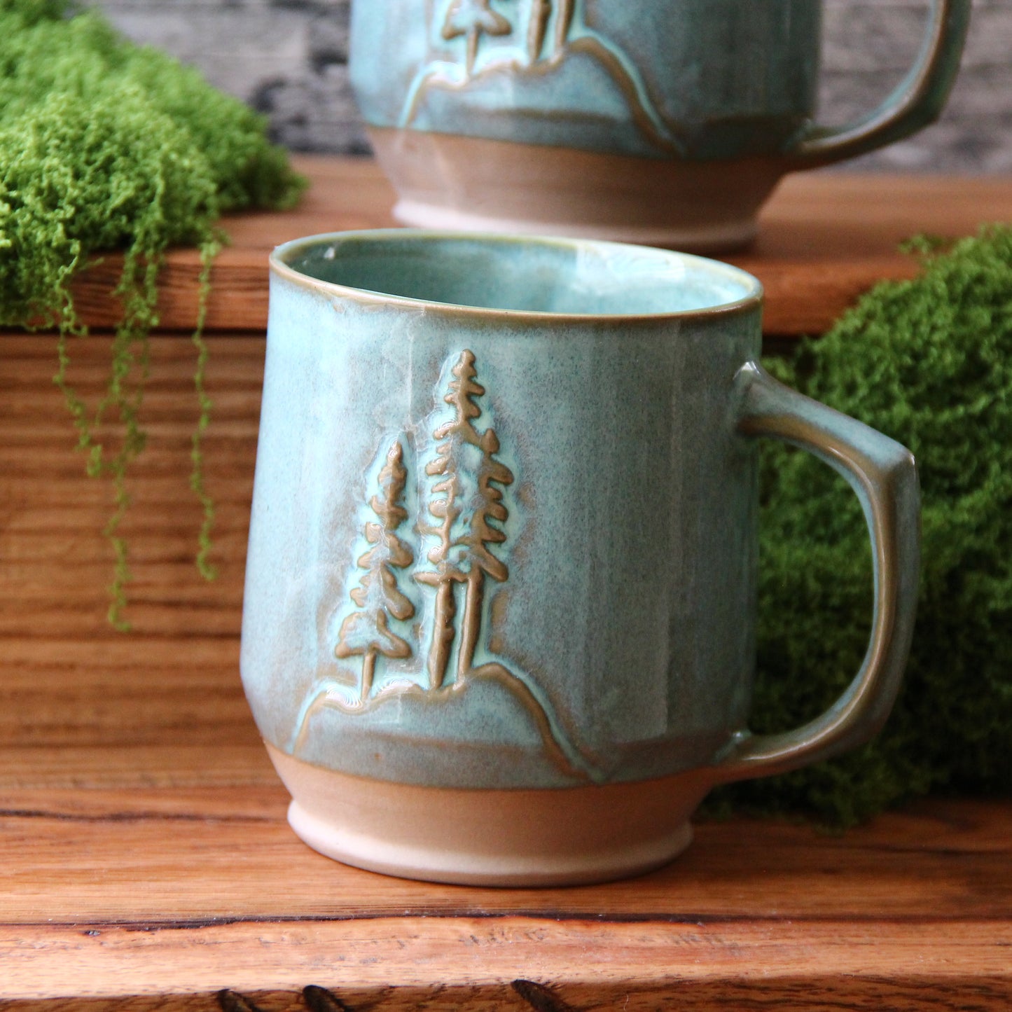 Tasse "Sequoias 3D" - Vert turquoise lustré sur argile sable
