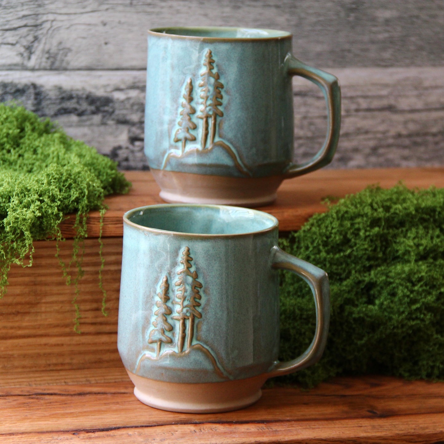 Tasse "Sequoias 3D" - Vert turquoise lustré sur argile sable