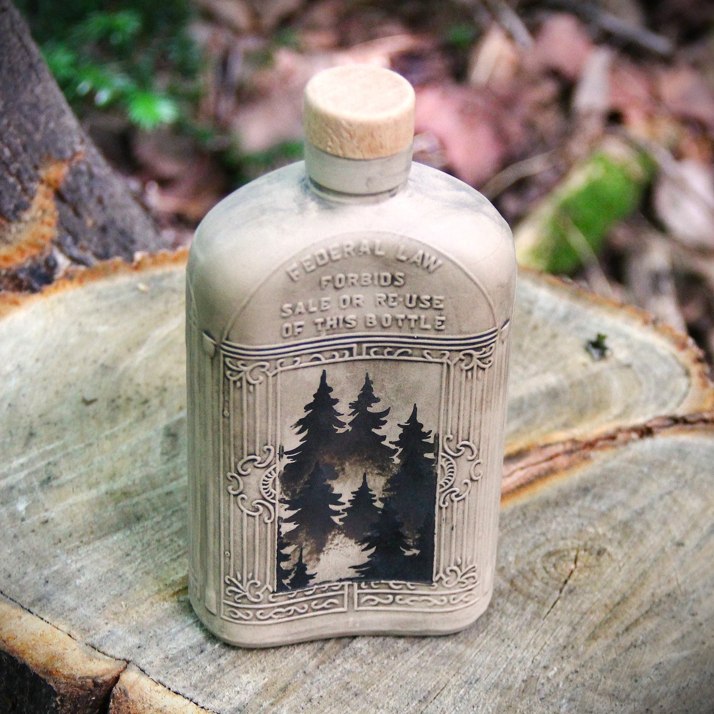 Bouteille Vintage - Flasque Whisky "Sapins" - Argile Sable antiqué