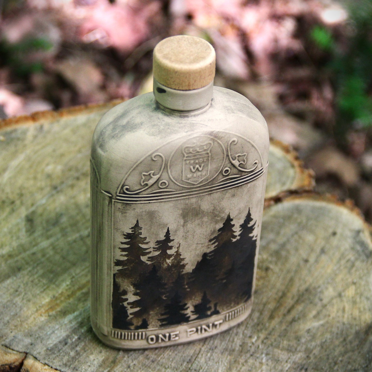 Bouteille Vintage - Flasque Whisky "Sapins" - Argile Sable antiqué