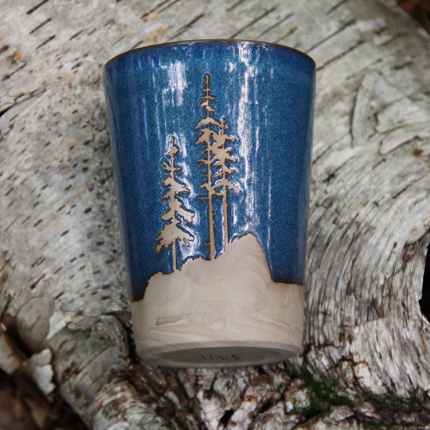 Gobelet  - GRAND - "Sequoias" -  Bleu Alberta sur argile marbrée beige