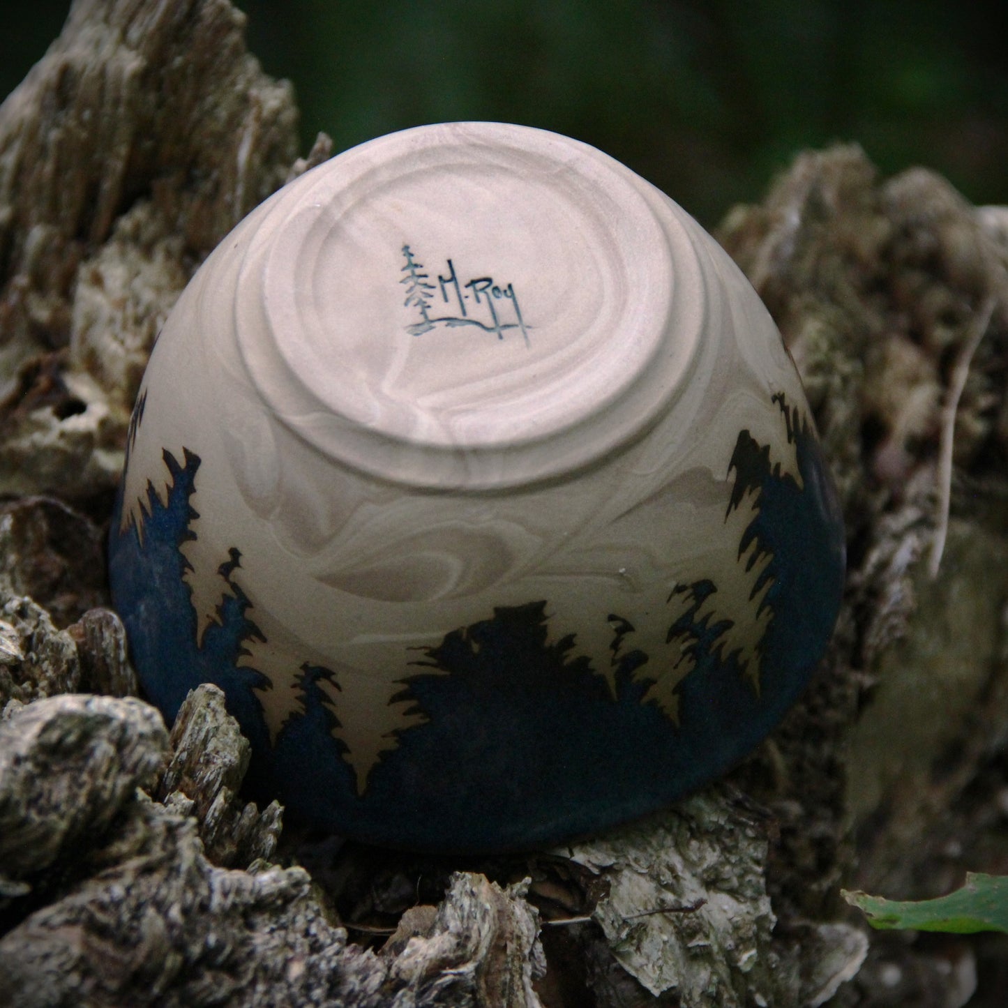 Bol - PETIT - "Sapins" - Bleu Alberta sur argile marbrée beige